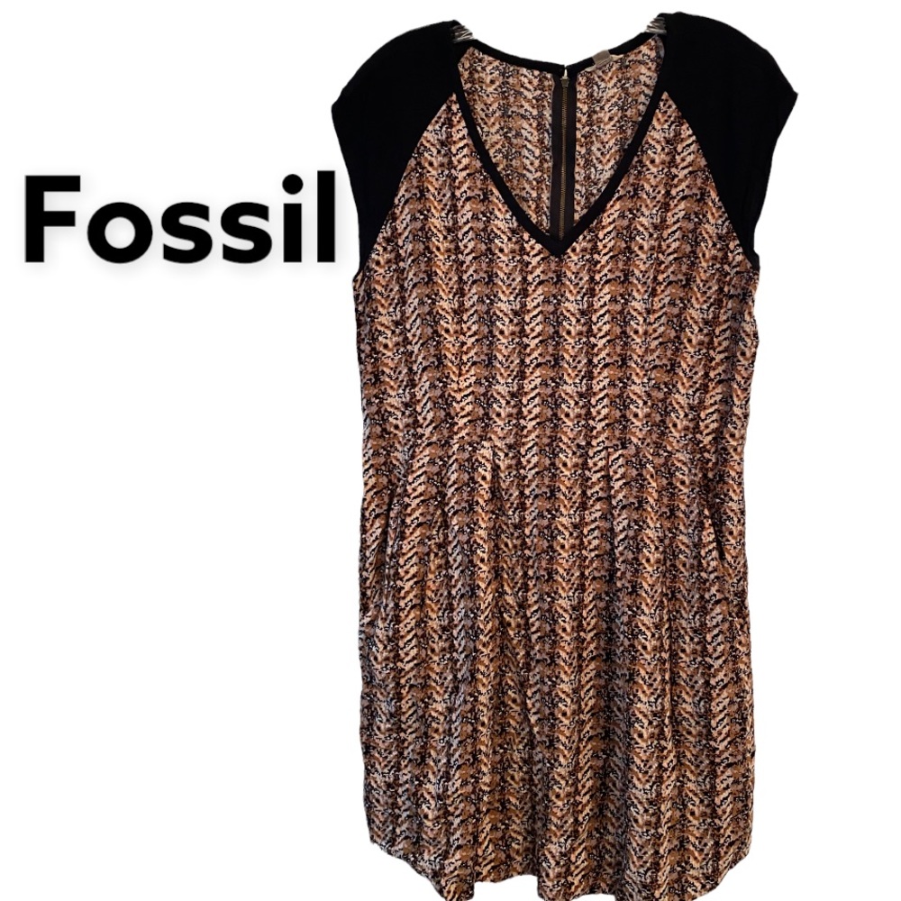 Fossil  Short Sleeve  Boho Print Dress with Pockets Black & Brown L